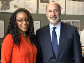 Jamina Clay-Dingle, principal of Bethune Elementary School, with Gov. Wolf